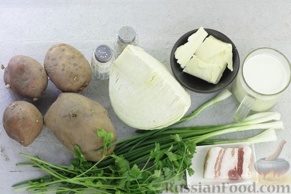 Картофельное пюре с белокочанной капустой, зелёным луком и беконом