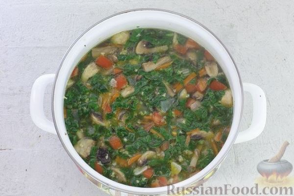 Куриный суп с пшеном, шпинатом и грибами